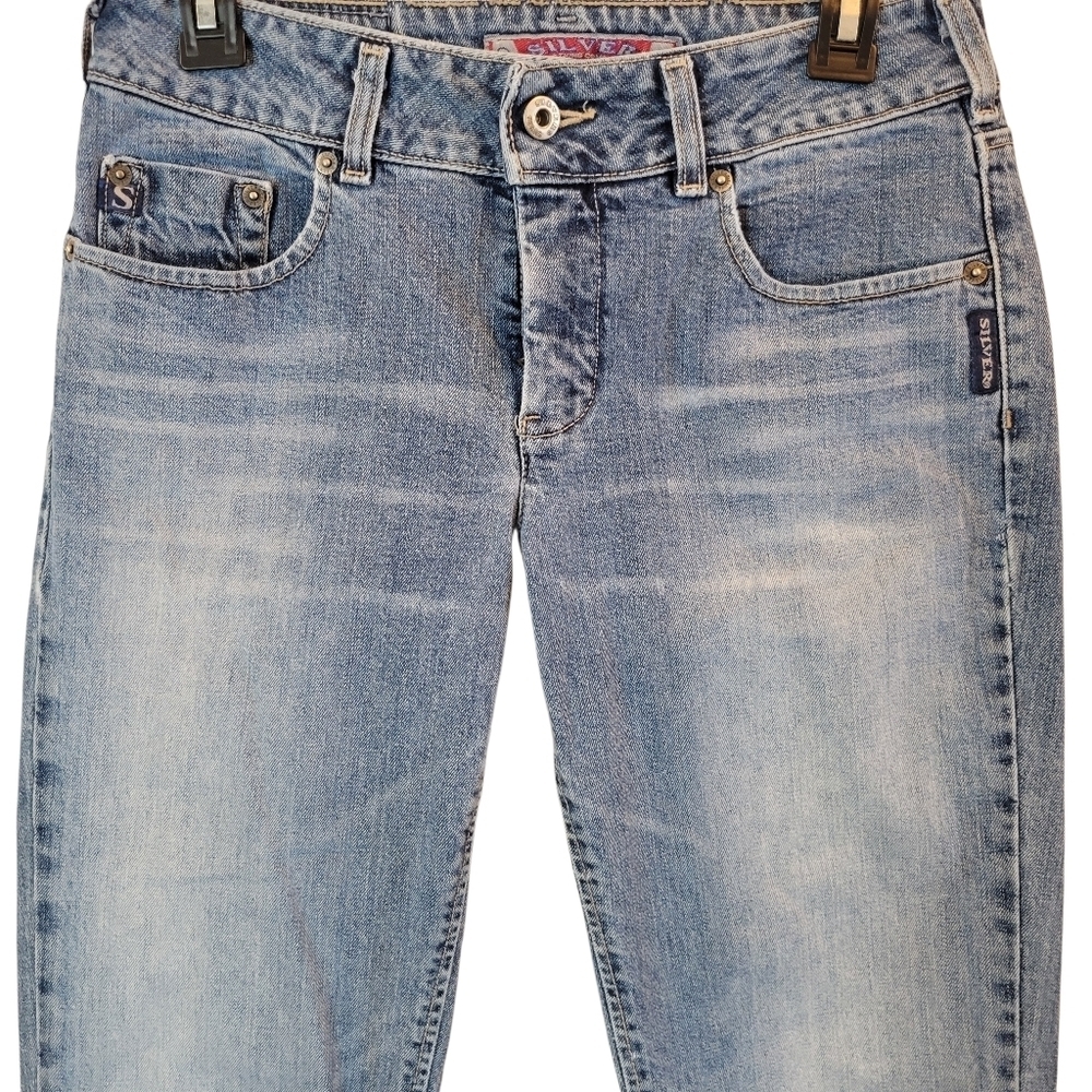 Y2K Silver Low Rise Flare Medium Wash Denim Jeans Pants - Picture 2 of 9